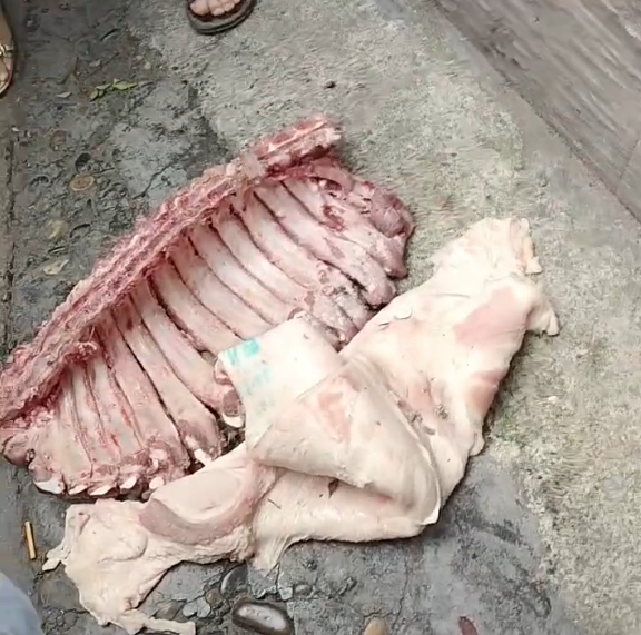 网友反映富顺县华英实验学校采购劣质猪肉。网传视频截图