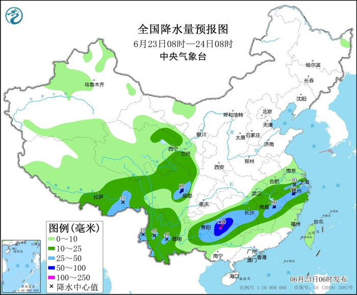 图3 全国降水量预报图（6月23日08时-24日08时）