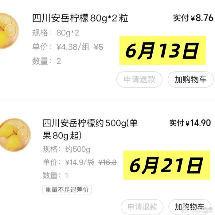 莎莎两次在外卖平台上购买柠檬的记录 受访者供图