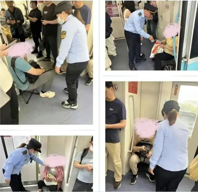 上海地铁工作人员集中宣传劝导“板凳族” 图源/上海地铁官方微博