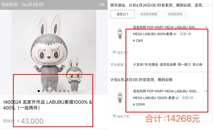 拍卖平台落槌价截图（左）记者通过电商尝试下单截图（右） 图片来源：电商平台截图