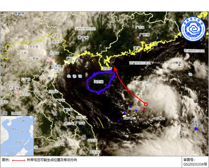 南海热带低压可能生成位置及移动方向示意图（底图为风云四号卫星云图）