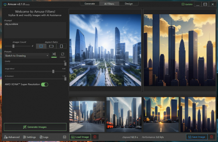 ▲Amuse的图生图功能，结合提示词可以根据预设滤镜快速生成不同风格的同类图片