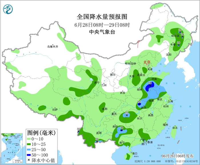 图6 全国降水量预报图（6月28日08时-29日08时）
