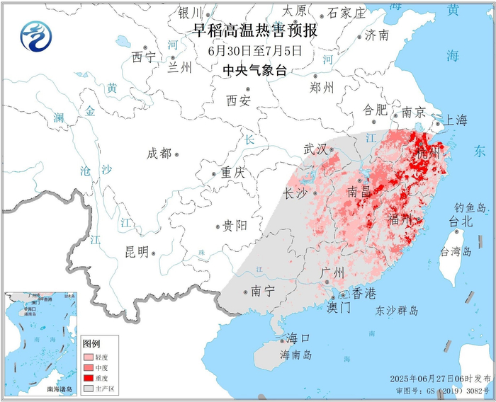 图1南方早稻高温热害预报（2025年6月30日至7月5日）