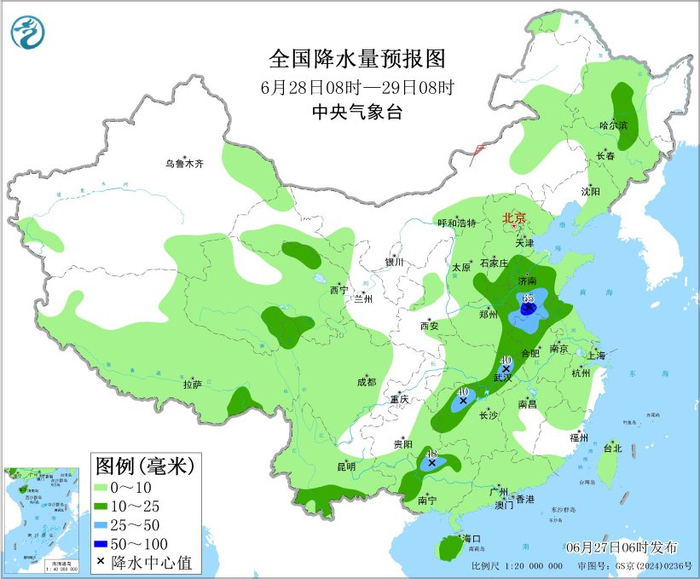图3 全国降水量预报图（6月28日08时-29日08时）