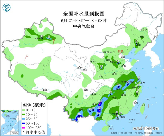 图2 全国降水量预报图（6月27日08时-28日08时）