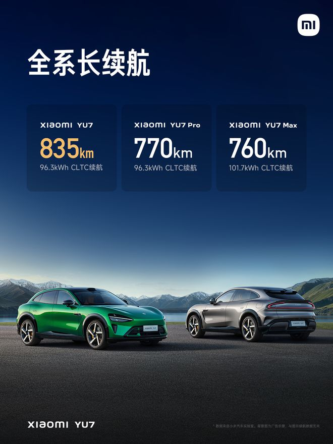 小米YU7 不同版本电池及续航数据 | 图片来源：小米