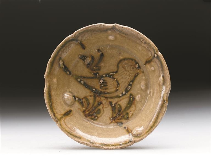 唐长沙窑青釉褐绿彩花鸟纹瓷盘