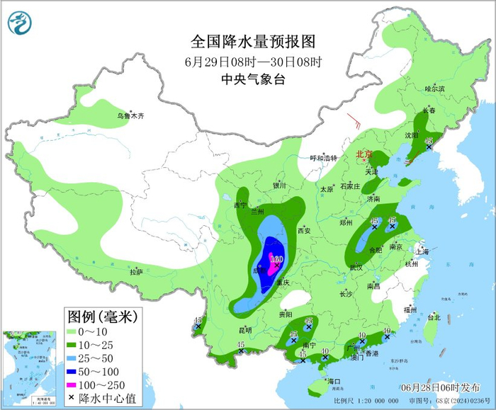 图3 全国降水量预报图（6月29日08时-30日08时）