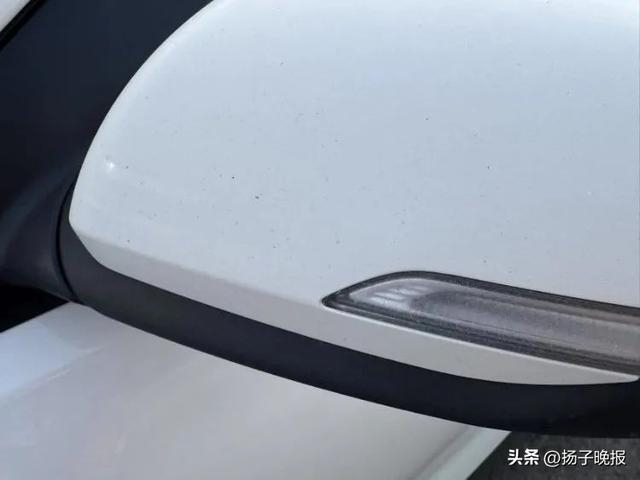 还车时，车后视镜细看有磨损，“针尖大”。受访者供图