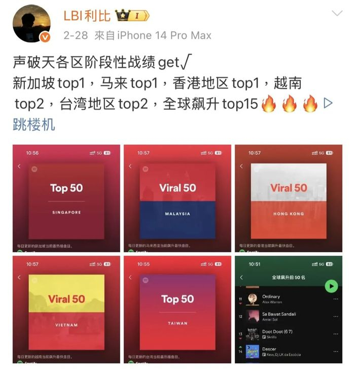 ▲ 《跳楼机》演唱者LBI利比在社交媒体分享战报。图 / 微博截图