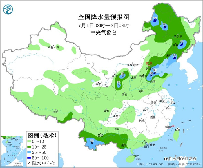图4 全国降水量预报图（7月1日08时-2日08时）