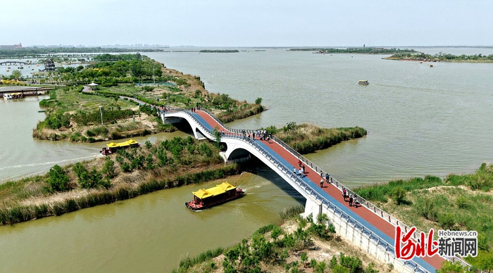 近日，衡水湖旅游景区内，游客乘船赏景，尽享湖光水色。  河北日报记者 焦磊摄