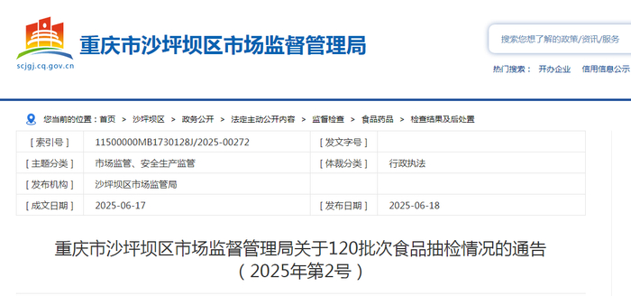 重庆市沙坪坝区市场监督管理局关于120批次食品抽检情况的通告（2025年第2号）