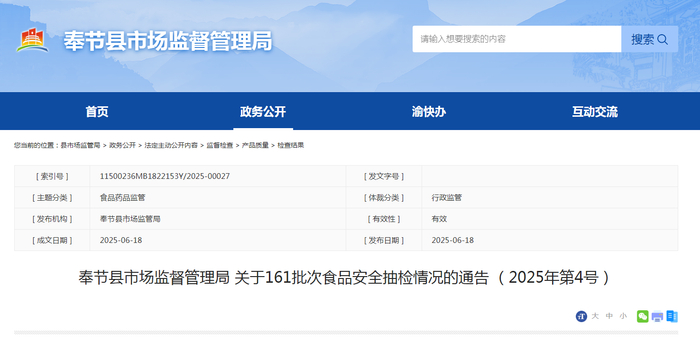 奉节县市场监督管理局关于161批次食品安全抽检情况的通告（2025年第4号）
