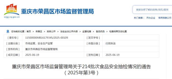 重庆市荣昌区市场监督管理局关于214批次食品安全抽检情况的通告（2025年第3号）