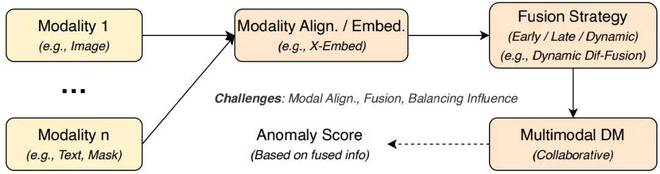 图 8：多模态异常检测的概念图。MAD 通过早期、晚期或动态策略融合多源信息。