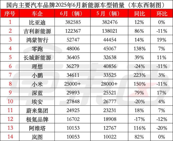 ▲6月国内主要汽车品牌新能源车型销量