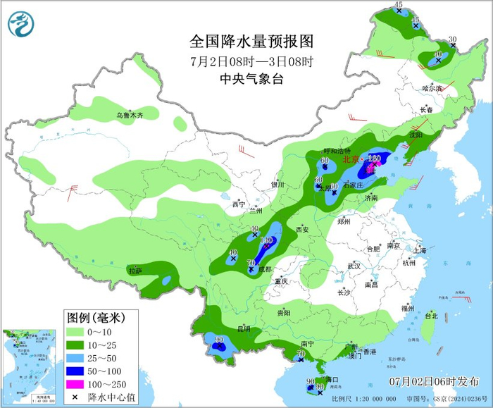 图3 全国降水量预报图（7月2日08时-3日08时）