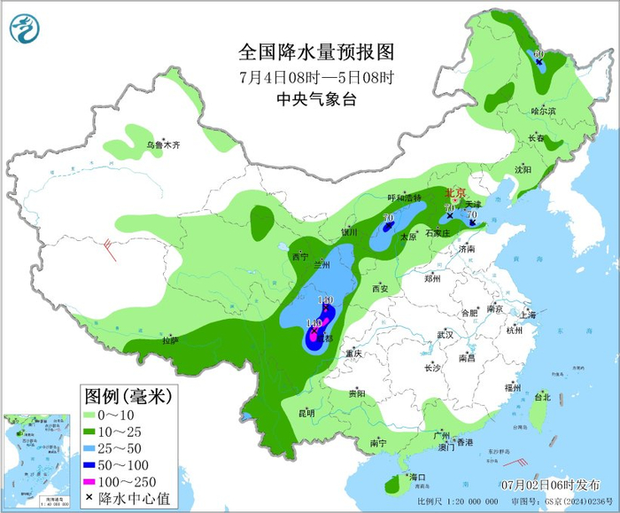 图5 全国降水量预报图（7月4日08时-5日08时）
