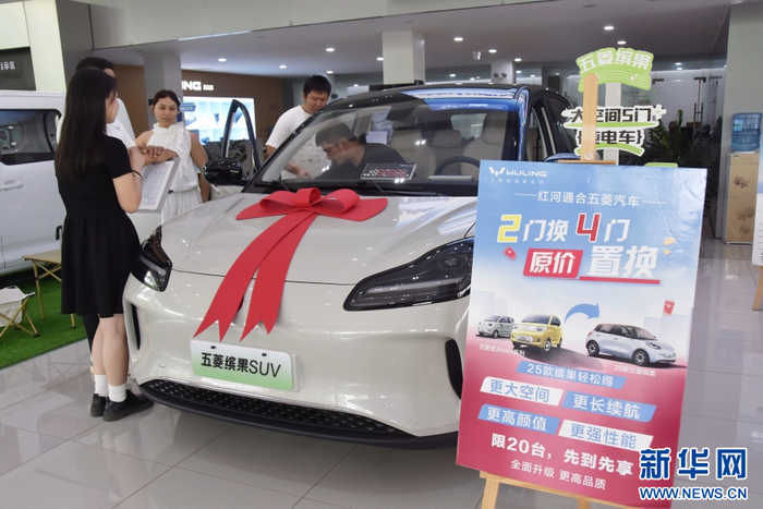 在云南省蒙自市一家汽车专卖店，顾客进店咨询选购、试乘试驾（6月29日摄）。新华网发（薛莹莹 摄）