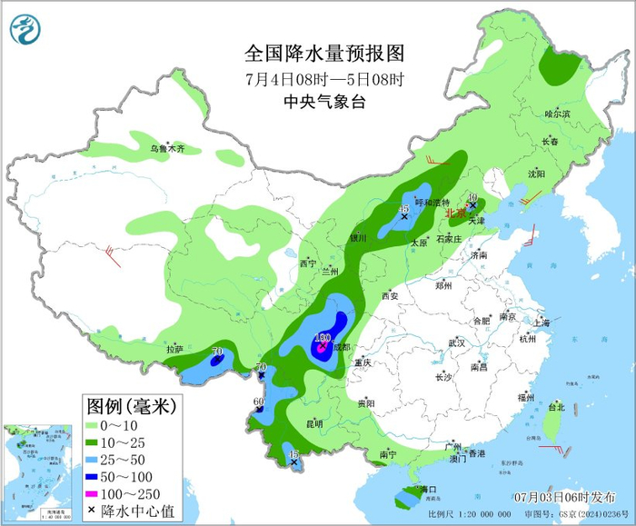 图5 全国降水量预报图（7月4日08时-5日08时）