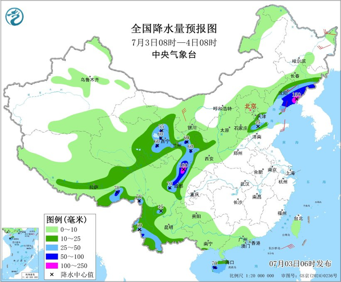图4 全国降水量预报图（7月3日08时-4日08时）