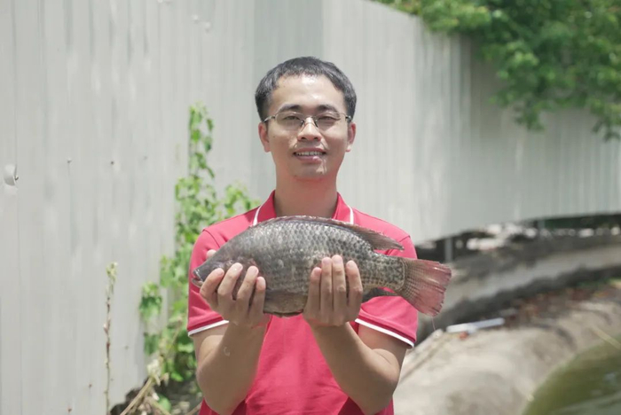 王启腾展示自己养殖的罗非鱼。曾俊荣 摄