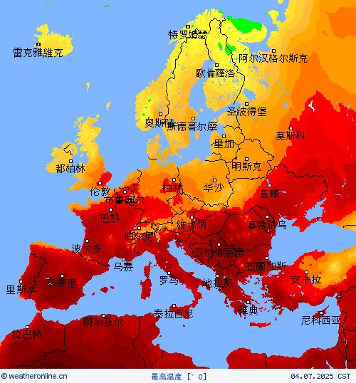 7月4日，欧洲气温热度 图片来源：天气预报网站weatheronline