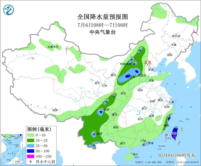图5 全国降水量预报图（7月6日08时-7日08时）