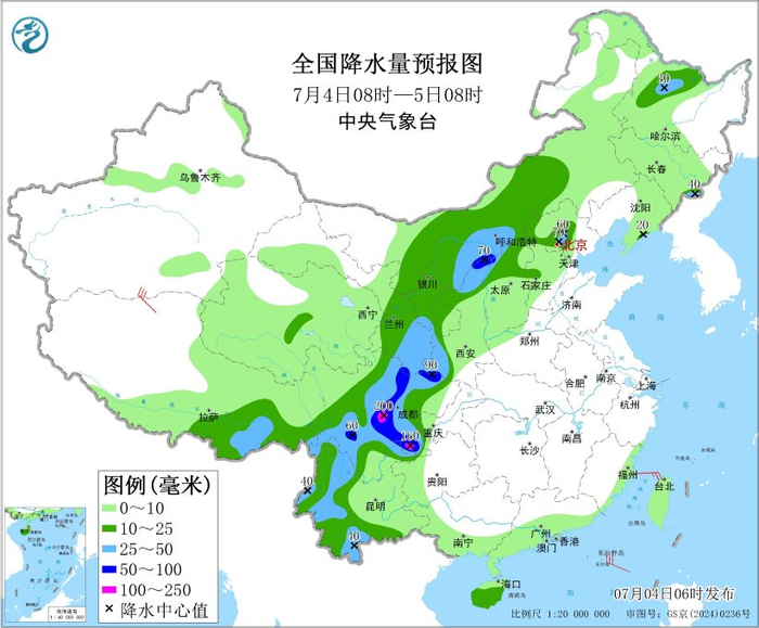 图3 全国降水量预报图（7月4日08时-5日08时）