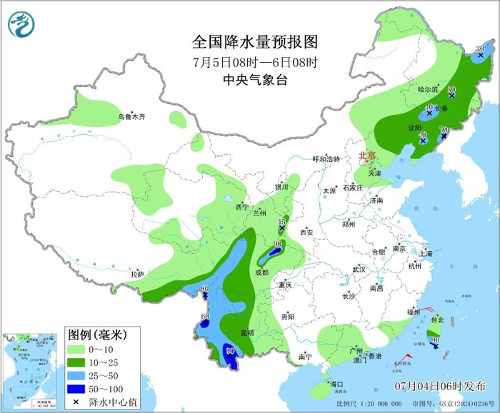 图4 全国降水量预报图（7月5日08时-6日08时）