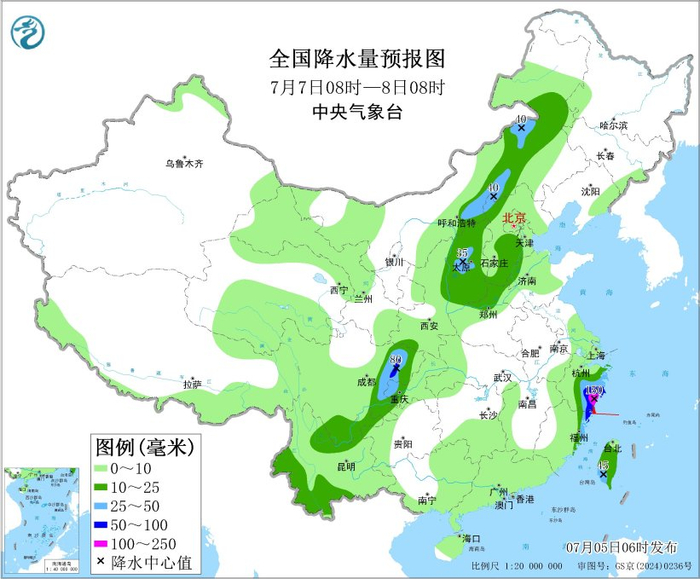 图7 全国降水量预报图（7月7日08时-8日08时）