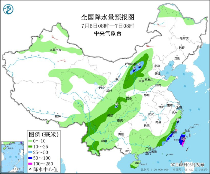 图6 全国降水量预报图（7月6日08时-7日08时）