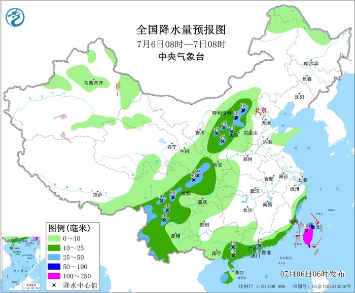 图4 全国降水量预报图（7月6日08时-7日08时）
