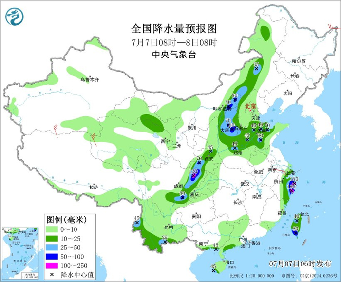 图4 全国降水量预报图（7月7日08时-8日08时）