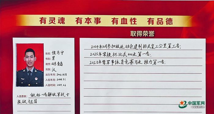 　　连队荣誉簿记录的侯方宇个人荣誉。