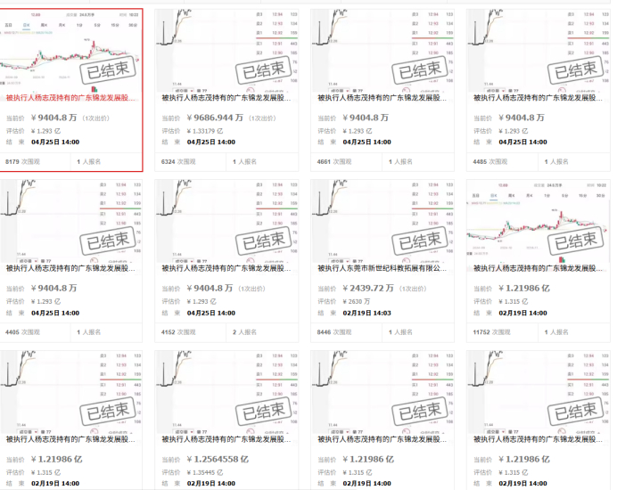 图为拍卖官网所示，今年以来锦龙股份的股权拍卖情况。
