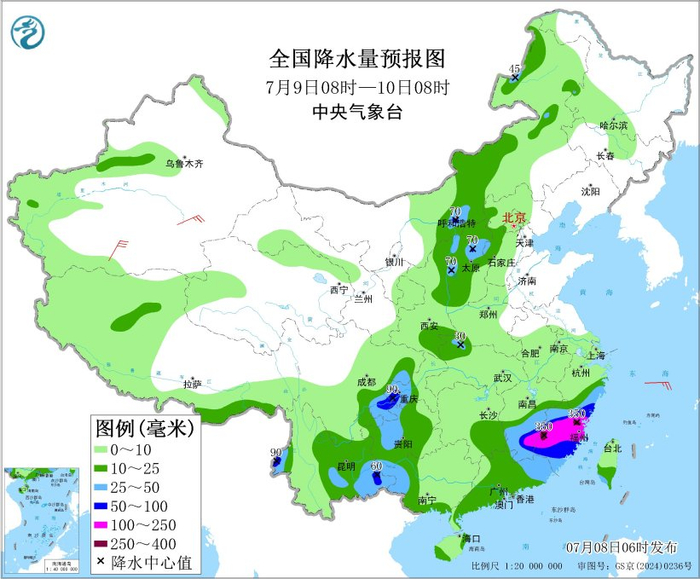 图5 全国降水量预报图（7月9日08时-10日08时）
