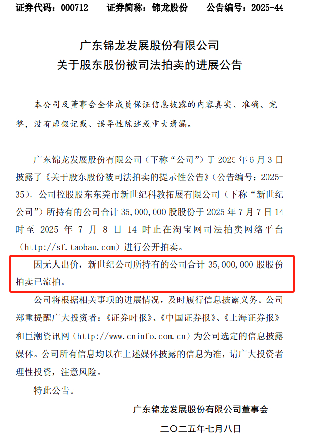 锦龙股份3500万股全部流拍。