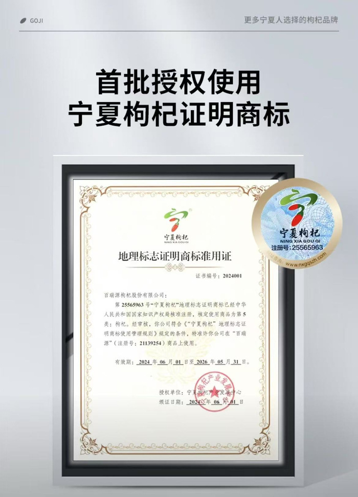 图为线上平台枸杞店铺展示的宁夏枸杞证明商标授权证书