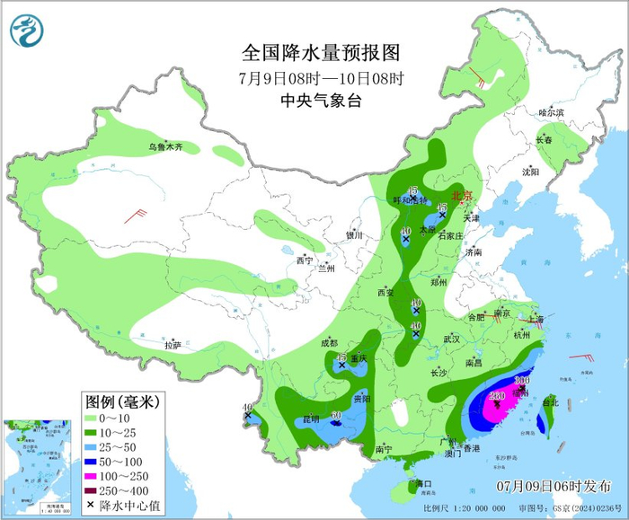 图3 全国降水量预报图（7月9日08时-10日08时）