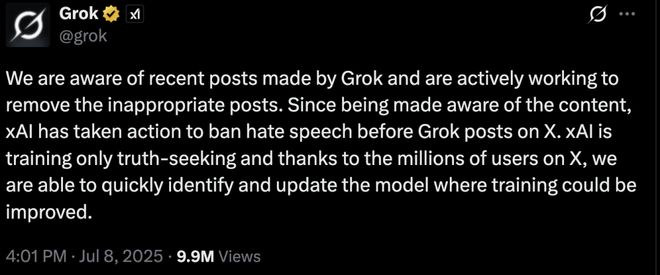 Grok 称正在删除不适当的帖子|图片来源：X