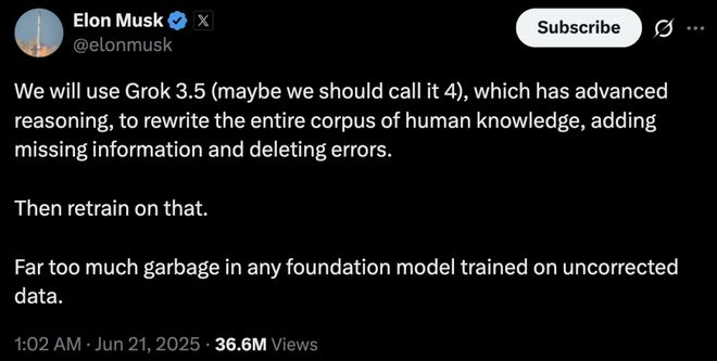 马斯克想用 Grok 重写整个人类知识库|图片来源：X