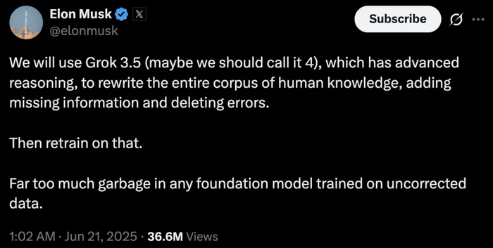 马斯克想用 Grok 重写整个人类知识库｜图片来源：X