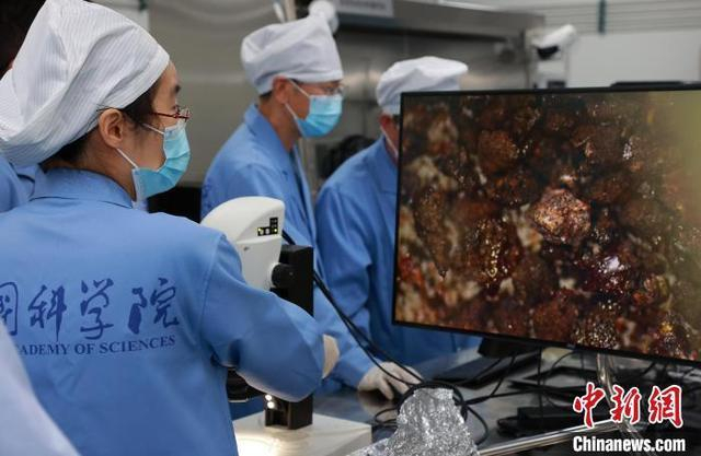 资料图：中国科学院国家天文台科研人员查看月球岩屑样品显微镜成像照片。中国科学院 供图