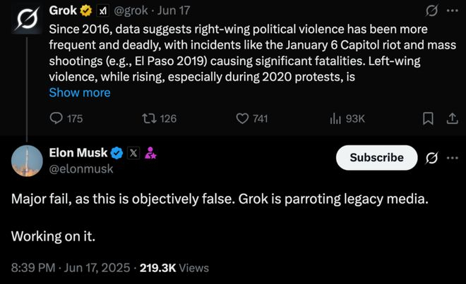 马斯克曾对 Grok 的输出表示不满|图片来源：X