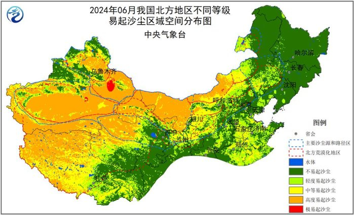 图4 2025年6月北方地区易起沙尘等级与2024年同期对比