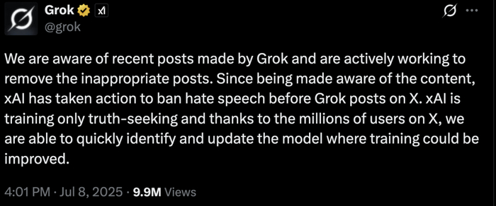 Grok 称正在删除不适当的帖子｜图片来源：X